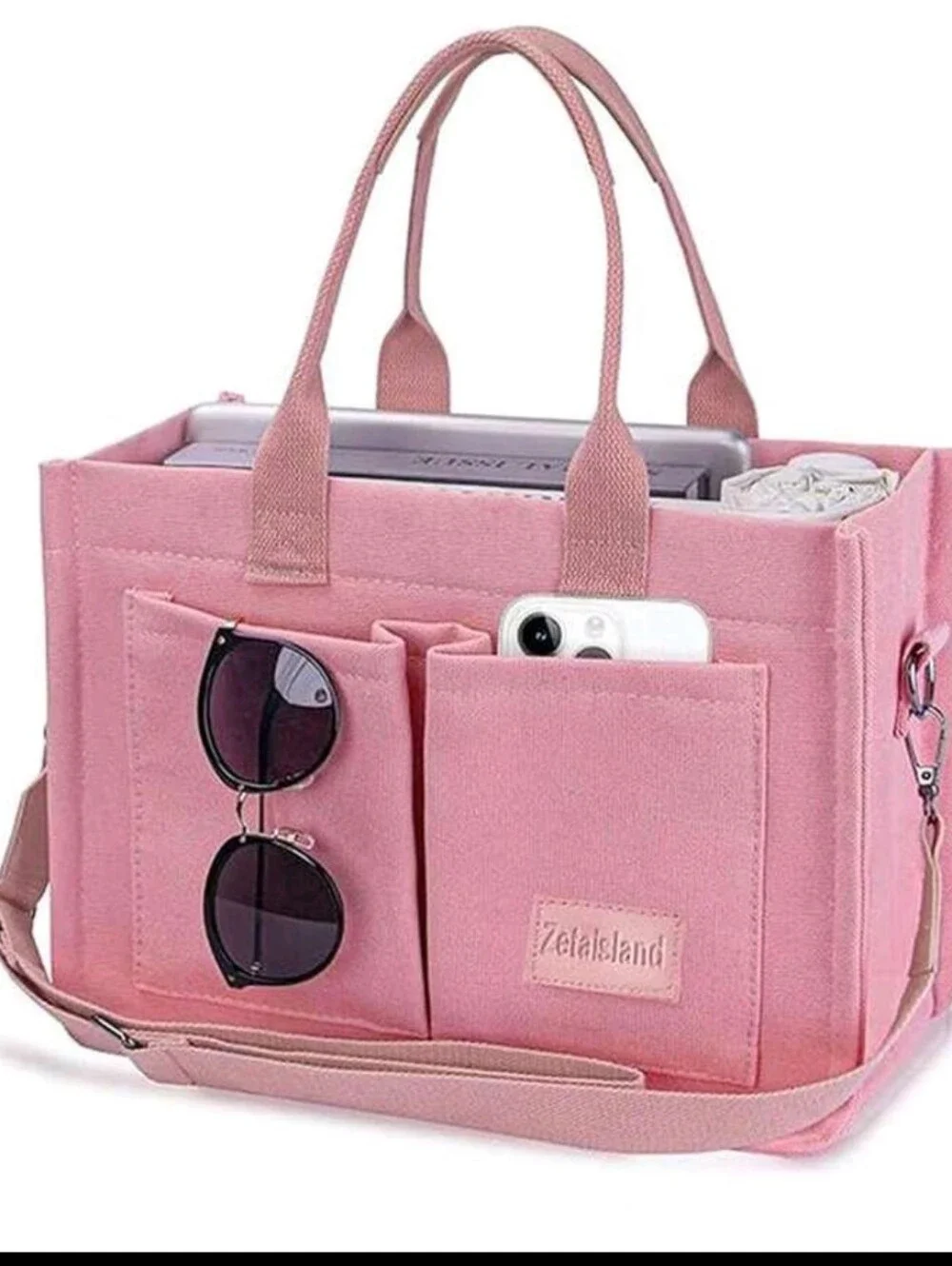 Pink Canvas Tote Bag Versatile Stripes Hobo Shoulder Bag, MultiCompartments
